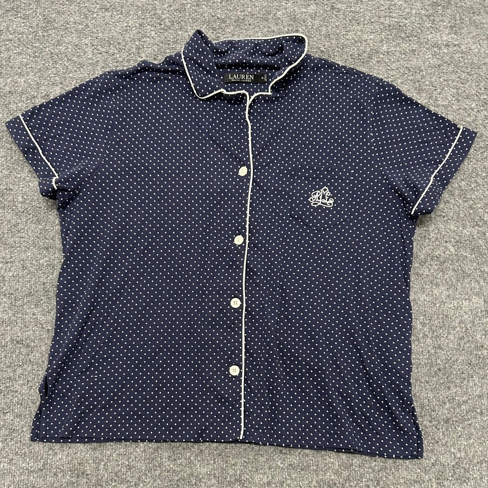 Lauren Ralph Lauren Pajama Top Womens Size 1X Navy Blue Polka Dot Short Sleeve